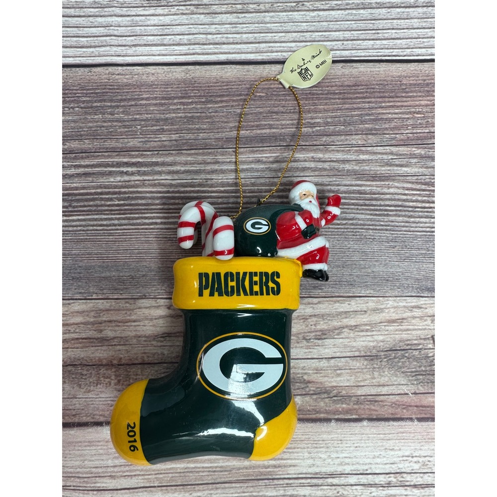 Green Bay Packers 2016 Christmas Stocking Ornament Santa Candy Cane NFL Football